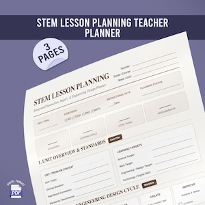 May include: A STEM lesson planning teacher planner document with three pages. The form includes sections for unit topic, STEM focus, instructional days, planning status, assessments, learning goals, standards, unit overview, and engineering design cycle.