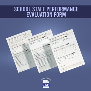 May include: Three white pages of a School Staff Performance Evaluation Form with black text and lines. The documents feature sections for employee information, core competencies, attendance, role responsibilities, goals, and recommendations. A PDF icon is below.