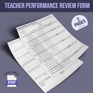 Può includere: Un modulo di valutazione delle prestazioni degli insegnanti di due pagine in formato PDF. Il foglio bianco presenta testo nero e un layout a griglia strutturato con scale di valutazione da 1 a 4 per varie categorie didattiche, con spazio per commenti.