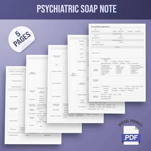 Op de afbeelding: Een digitaal PDF-product met vijf pagina's van een Psychiatric SOAP Note-sjabloon. De sjabloon bevat secties voor patiëntinformatie, subjectieve gegevens en behandelingsdetails. Het product is ontworpen voor professionals in de geestelijke gezondheidszorg.