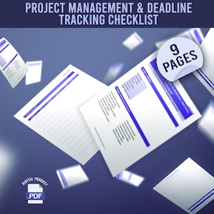 Könnte beinhalten: Ein digitales Projektmanagement- und Fristen-Checklisten-Dokument mit 9 Seiten. Die weißen Seiten haben violette Kopfzeilen und Linien. Der Text lautet PROJECT MANAGEMENT & DEADLINE TRACKING CHECKLIST und 9 PAGES.