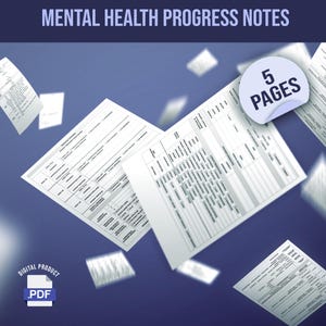 May include: Digital PDF document titled "Mental Health Progress Notes." The image shows several white pages with structured forms and text, including a label indicating "5 Pages." A small icon indicates a digital product.