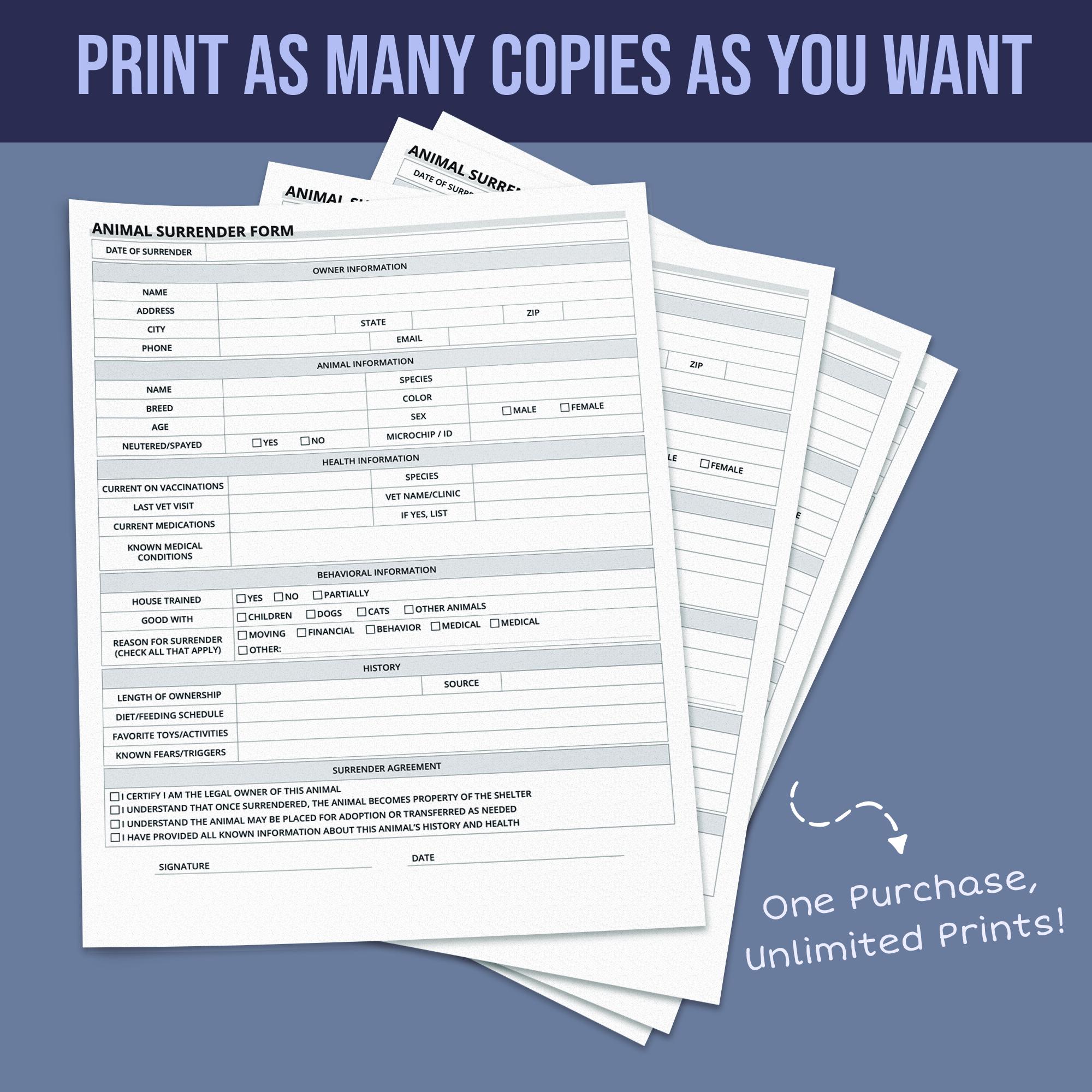 Animal Surrender Form Basic Animal Surrender Form - Etsy