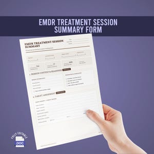 Peut inclure: Un formulaire de résumé de séance de traitement EMDR blanc avec du texte et des lignes marron foncé pour la documentation clinique. Le document comprend des sections pour le contexte, la préparation et l'évaluation, avec une icône .DOC bleue.