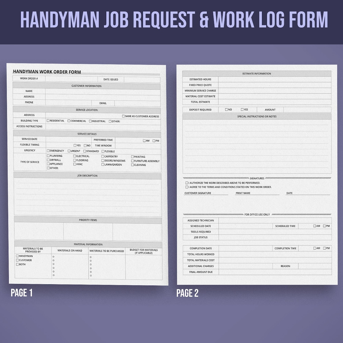 Handyman Work Order Form - Service Request & Job Tracking Documentation ...
