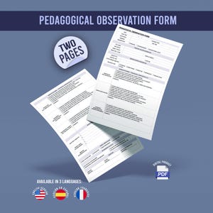 May include: Two-page pedagogical observation form with a blue background. The form is available in three languages, indicated by flags. The digital product is a PDF.