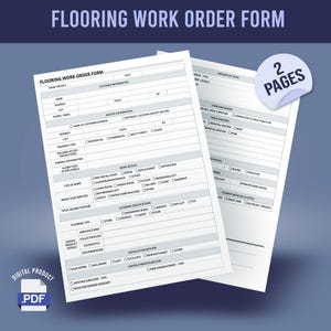 Może przedstawiać: Cyfrowy plik PDF formularza zlecenia robót podłogowych. Formularz zawiera sekcje dotyczące informacji o kliencie, szczegółów pracy, specyfikacji podłogi i metod instalacji. Formularz ma dwie strony i jest produktem cyfrowym.