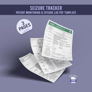 Może przedstawiać: Cyfrowy szablon PDF do śledzenia napadów, zawierający formularze monitorowania pacjenta i rejestru epizodów. Obraz przedstawia trzy strony ze szczegółowymi sekcjami do rejestrowania informacji o napadach. Projekt zawiera tekst "SEIZURE TRACKER" i "3 PAGES".