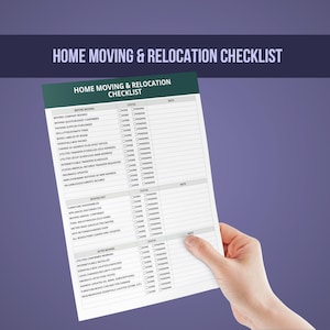 May include: A white paper sheet titled Home Moving & Relocation Checklist with a dark green header. The document features three sections: Before Moving, Moving Day, and After Moving, each with checkboxes for Done and Pending status and note lines.