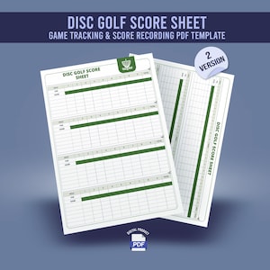 May include: A white disc golf score sheet template with green accents. The sheet includes spaces for hole, par, name, and score tracking. The text "DISC GOLF SCORE SHEET" is at the top. A "2 VERSION" sticker is in the upper right corner.