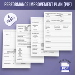 以下が含まれることがあります： パフォーマンス改善計画（PIP）テンプレートを備えたデジタル.PDF製品。このドキュメントには、従業員情報、パフォーマンス目標、アクション項目などのセクションを含む複数のページが含まれています。画像には「4 PAGES」と書かれたステッカーも表示されています。