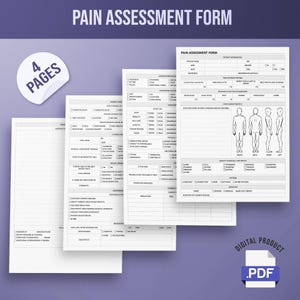 Peut inclure: Un produit PDF numérique présentant un formulaire d'évaluation de la douleur. Le formulaire comprend des sections pour les informations sur le patient, les caractéristiques de la douleur et l'évaluation du niveau de douleur. L'image montre quatre pages du formulaire.