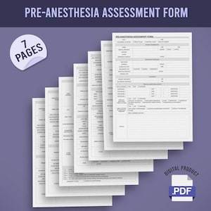 Puede incluir: Una pila de siete formularios de evaluación preanestésica blancos, con el título "PRE-ANESTHESIA ASSESSMENT FORM". Los formularios están sobre un fondo morado. Una pegatina con el texto "7 PAGES" está en la esquina superior izquierda. Un icono de producto digital .PDF está en la esquina inferior derecha.