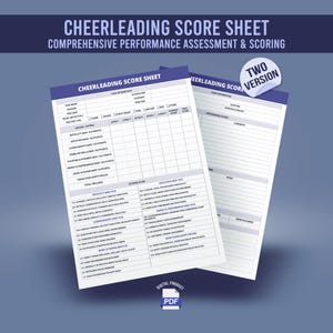 Może przedstawiać: Dwa arkusze wyników cheerleadingu z tekstem "Cheerleading Score Sheet" i "Comprehensive Performance Assessment & Scoring". Arkusze mają sekcje na informacje o drużynie, kryteria punktacji i potrącenia. Naklejka "Two Version" znajduje się w prawym górnym rogu.