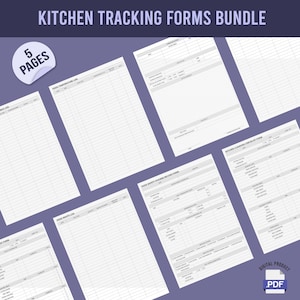 May include: A set of five printable kitchen tracking forms in a digital PDF format. The forms include a food temperature log, food waste log, kitchen cleaning checklist, and food safety hygiene record form.