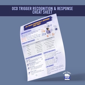 May include: A white informational sheet titled OCD Trigger Recognition & Response Cheat Sheet. It features sections on trigger definitions, common categories, a four-step response framework, self-check prompts, and red flags to track in purple text.