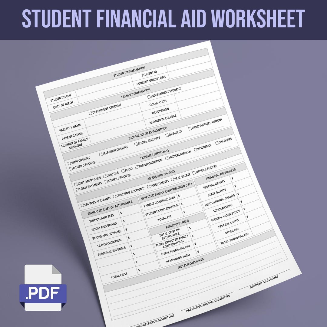 Student Financial Aid Worksheet Etsy
