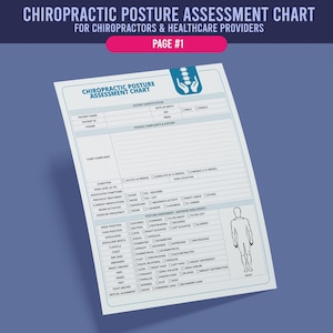 May include: A chiropractic posture assessment chart for chiropractors and healthcare providers. The chart includes sections for patient information, chief complaints, and posture assessment details. The chart is white with blue text and a blue and pink header.
