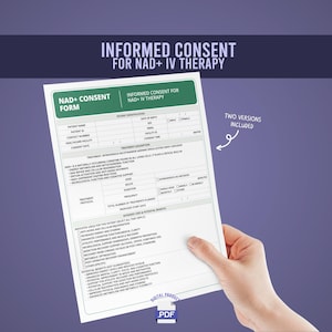 Può includere: Un documento PDF digitale intitolato "Consenso informato per la terapia IV NAD+" è tenuto in mano. Il modulo include sezioni per le informazioni sul paziente, i dettagli del trattamento e i potenziali benefici. Il documento è bianco con testo verde e nero.