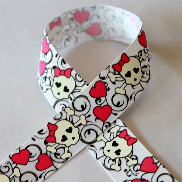 7/8 Rockabilly Swirl Skulls & Hearts on White Ribbon 3 yards