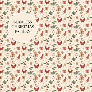 Puede incluir: Patrón navideño sin costuras con Papá Noel, regalos, hombres de jengibre, bastones de caramelo y calcetines sobre un fondo crema. El diseño incluye el texto "SEAMLESS CHRISTMAS PATTERN". Diseño festivo navideño.