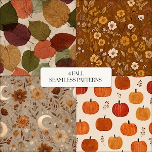 May include: Four fall-themed seamless patterns. One features leaves in shades of green, orange, and brown. Another showcases flowers on a brown background. The third has flowers and moons on a gray background. The last pattern displays orange pumpkins.