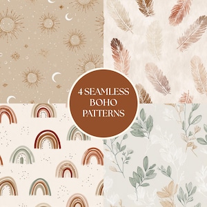 Puede incluir: Cuatro patrones bohemios sin costuras en formato cuadrado. Los patrones incluyen soles, lunas, estrellas, plumas, arcoíris y diseños botánicos. La paleta de colores es neutra con tonos marrones, beige y verdes. El texto "4 Seamless Boho Patterns" está en un círculo marrón.
