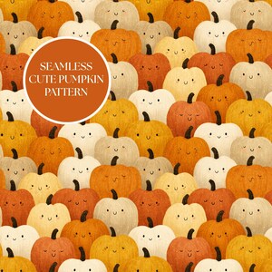 Peut inclure: Un motif continu de citrouilles souriantes dans des tons orange, jaune et blanc. Les citrouilles ont des tiges noires et des visages simples et mignons. Le texte "SEAMLESS CUTE PUMPKIN PATTERN" est dans un cercle orange.