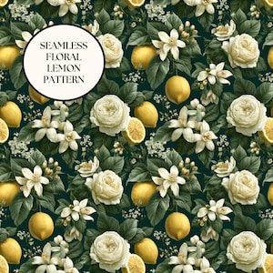Può includere: Un motivo continuo con limoni gialli, fiori bianchi e rose color crema su sfondo verde scuro. Il testo SEAMLESS FLORAL LEMON PATTERN è stampato in nero all'interno di un cerchio bianco centrato sull'immagine.