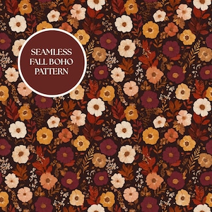 Peut inclure: Un motif bohème d'automne sans couture avec un fond marron foncé et un motif floral répétitif. Les fleurs sont dans des tons de blanc, jaune, orange et bordeaux. Le texte "SEAMLESS FALL BOHO PATTERN" est dans un cercle blanc.