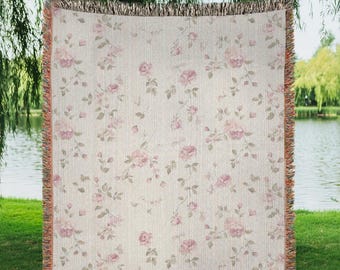 Blommig vävd filt för säng Cottagecore Vintage Rose Pläd Mysig feminin sovrumsinredning Shabby chic arvstil present