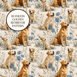 May include: A seamless pattern featuring golden retriever dogs sitting among white daisies and blue flowers on a light cream background. A circular overlay in the center contains the text SEAMLESS GOLDEN RETRIEVER PATTERN in black.