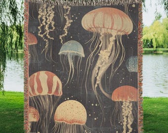 Manta tejida de medusas, tapiz vintage de vida marina, manta de playa, decoración de habitación costera, estilo marítimo inspirado en el océano.