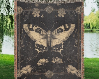 Witchy Luna Moth Cotton Woven Throw Blanket Butterflies Blanket Cottagecore Picnic Vintage Wimsigoth Blanket And Gold Fantasy Mystic Decor
