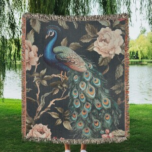 Woven Cottagecore Peacock Throw Blanket Royal Floral Room Decor Cottagecore Aesthetic Fairycore Woven Tapestry Ethereal Autumn Spring Throw
