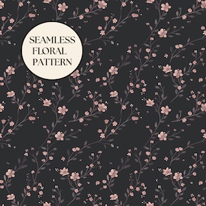 Może przedstawiać: Bezszwowy wzór kwiatowy na ciemnym tle. Projekt przedstawia delikatne różowe kwiaty i liście na wijących się łodygach. Tekst "SEAMLESS FLORAL PATTERN" znajduje się w białym okręgu.