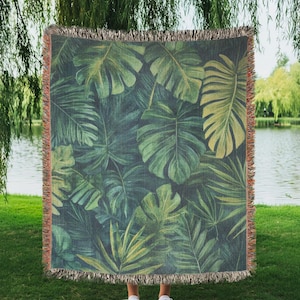 Manta tejida de bosque verde, tapiz con estampado de hojas de bosque verde oscuro, bordes de algodón con flecos, decoración Forestcore Cottagecore, decoración con hojas de árbol verde