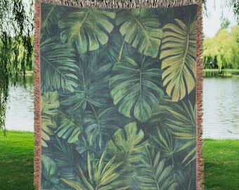 Green Forest Woven Blanket Dark Green Forest Leaf Pattern Tapestry Cotton Fringed Edges Forestcore Cottagecore Decor Green Tree Leaves Decor