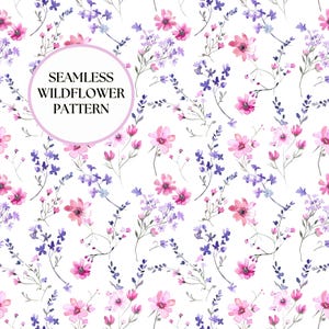 May include: Seamless wildflower pattern featuring pink and purple flowers on a white background. The design includes a variety of floral elements, with the text "SEAMLESS WILDFLOWER PATTERN" in a pink circle.