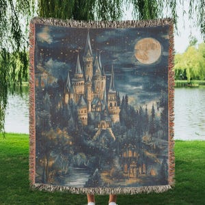 Wizard Woven Blanket Castle Throw Blanket Moody Bookish Tapestry Blanket Book Lovers Fantasy Room Decor Starry Night Reading Gift Fairytale