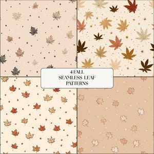 Può includere: Quattro motivi di foglie autunnali senza cuciture nei toni del marrone, arancione e beige. Ogni motivo presenta foglie d'acero e piccoli accenti di stelle su uno sfondo neutro. Il testo "4 Fall Seamless Leaf Patterns" è visualizzato in un rettangolo bianco.