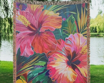 Tropical Floral Woven Blanket For Home Decor Vibrant Hibiscus Throw Bed Couch Boho Colorful Tapestry Gift Warm Cozy Summer Beach House Style