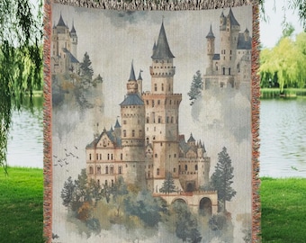 Fantasy Castle Woven Blanket Fairytale Throw Blanket Bookish Tapestry Cottagecore Room Decor Medieval Aesthetic Reading Nook Blanket