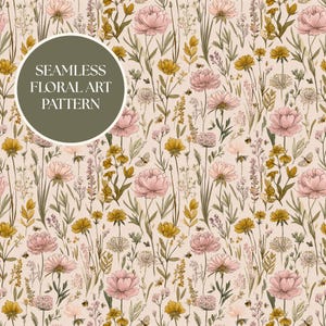 Sömlöst vildblommönster Boho Cottagecore blommig bin fjärilar botanisk vintage trädgård estetisk digital bakgrund nedladdning