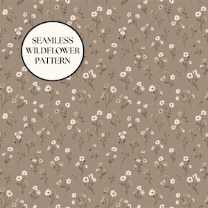 May include: A seamless pattern featuring a repeating design of white and yellow wildflowers on a muted brown background. The text "SEAMLESS WILDFLOWER PATTERN" is in a black circle.