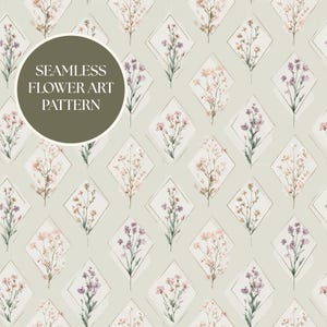 Könnte beinhalten: Ein nahtloses Blumenmuster mit zarten Blüten in Rosa, Lila und Beige, die in rautenförmigen Rahmen angeordnet sind. Das Design wiederholt sich auf einem hellgrauen Hintergrund und erzeugt eine weiche, elegante Ästhetik. Der Text "SEAMLESS FLOWER ART PATTERN" befindet sich in einem Kreis.