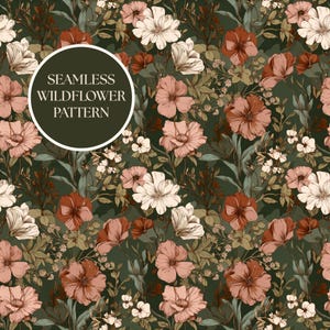 Könnte beinhalten: Nahtloses Wildblumenmuster mit dunkelgrünem Hintergrund. Das Muster zeigt ein sich wiederholendes Blumendesign mit rosa, weißen und rostfarbenen Blumen und grünem Laub. Der Text "SEAMLESS WILDFLOWER PATTERN" befindet sich in einem weißen Kreis.