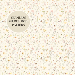 May include: Seamless wildflower pattern in soft pastel colors. The design features delicate flowers, butterflies, and foliage on a cream background. The text "SEAMLESS WILDFLOWER PATTERN" is in a circular shape.