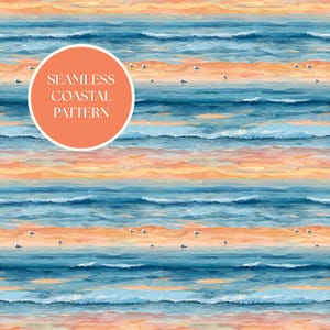 Könnte beinhalten: Nahtloses Küstenmuster-Design mit Aquarellwellen in Blau- und Orangetönen, mit Möwen am Strand. Das Design enthält den Text "SEAMLESS COASTAL PATTERN" in einer kreisförmigen orangefarbenen Form.