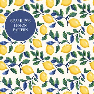 Modèle sans couture citron PNG papier numérique fruits méditerranéens Clipart été esthétique bleu vert feuilles fond fichier à téléchargement immédiat